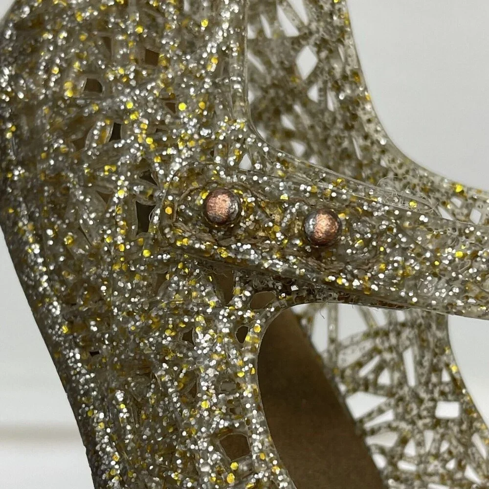 Mini Melissa + Campana Zig Zag Glitter GOLD Mary Jane Jellies Shoes size 2 Girls - Picture 6 of 6